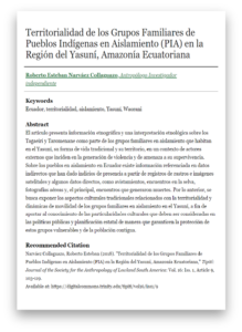 Territorialidad de los Grupos Familiares de Pueblos Indígenas en Aislamiento (PIA) en la Región del Yasuní, Amazonía Ecuatoriana